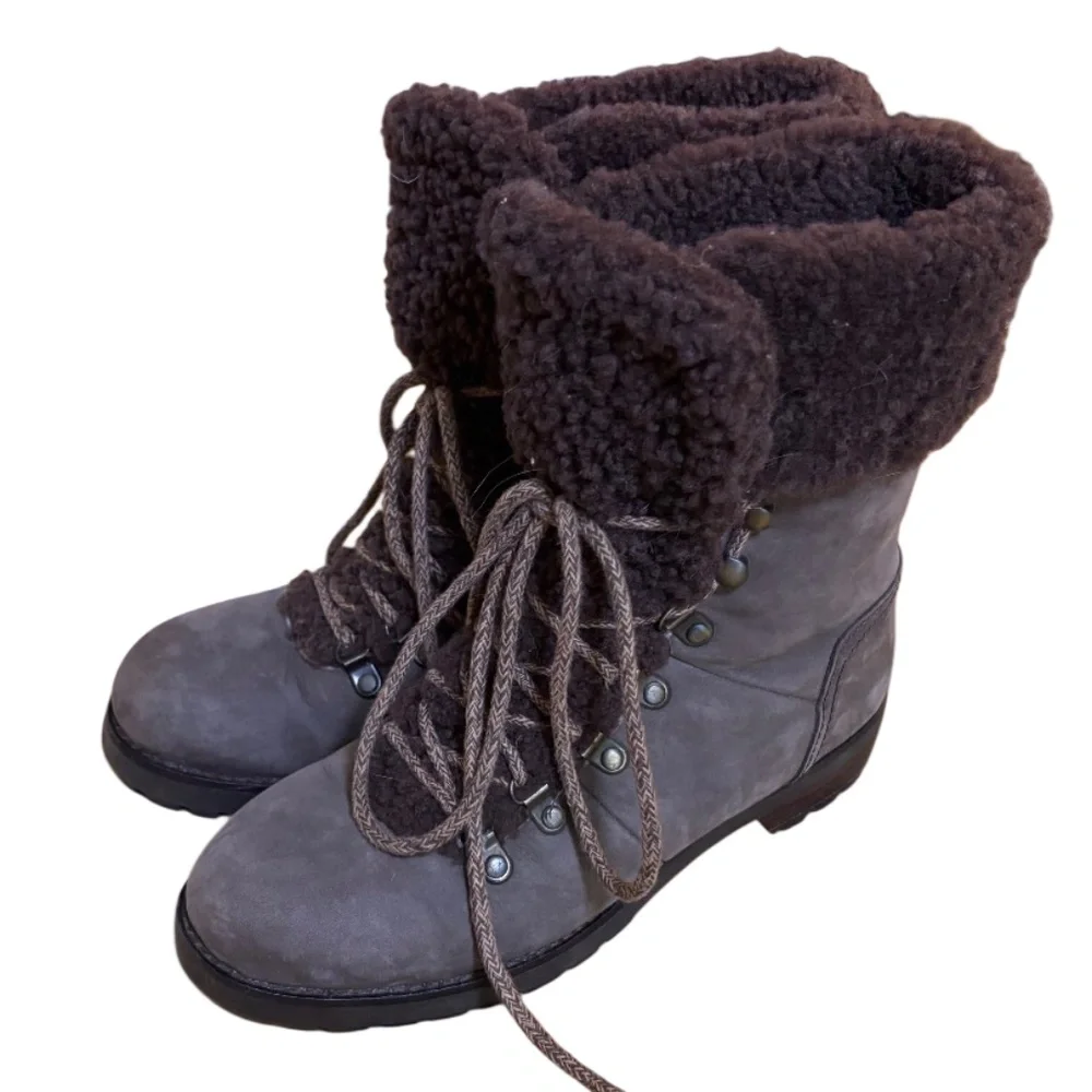 UGG Australia Brown Fraser Stout Shearling Combat Leather Lace-Up Winter Boots 7